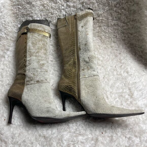 Leather Calf hair beige&gold snake skin pointed toe knee high heels boot… - Picture 5 of 14